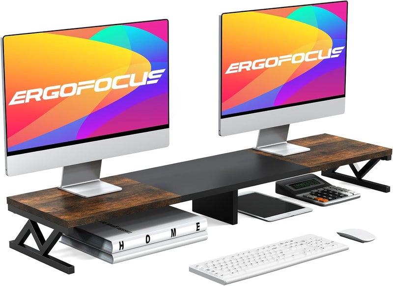 ErgoFocus Dual Monitor Stand Riser, Large Wood Monitor Riser for 2 Monitors, Monitor Lift with Storage for Desk, Sturdy Wood&Steel Multi Screen Stand, Desktop Organizer Monitor Stand for Computer - Image 1